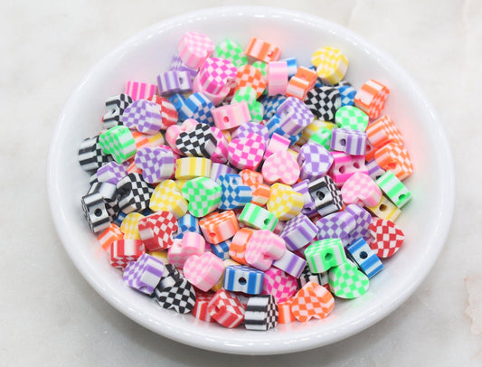 Checkered Heart Polymer Clay Beads, Assorted Heart Shape Clay Round Beads, Loose Beads, Jewelry Beads, Beads for Bracelet #177