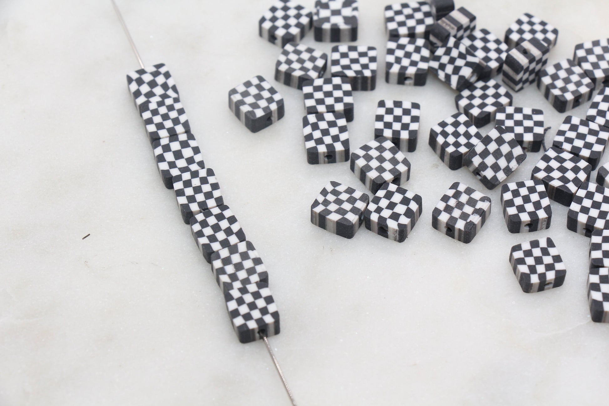 Checkered Polymer Clay Beads, Black Checkered Square Shape Clay Beads, Loose Beads, Jewelry Beads, Beads for Bracelet #349