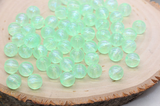 10mm Green Glitter Round Beads, Iridescent Acrylic Gumball Beads, Translucent Round Spacer Beads, Bubblegum Beads, Plastic Round Bead #2855