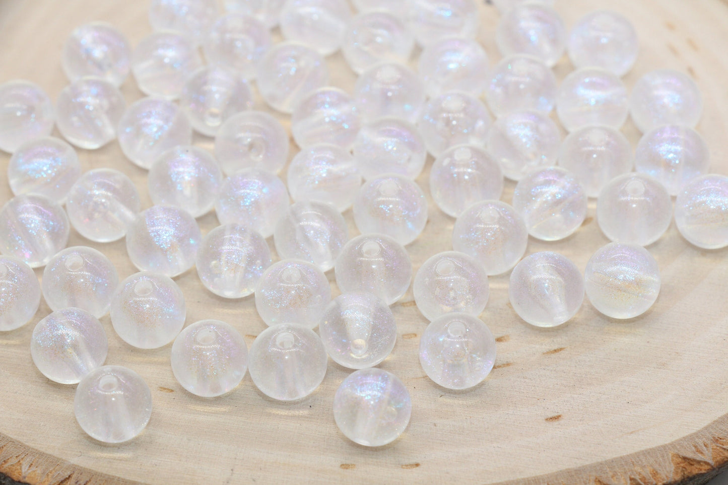 10mm White Glitter Round Beads, Iridescent Acrylic Gumball Beads, Translucent Round Spacer Beads, Bubblegum Beads, Plastic Round Bead #2861