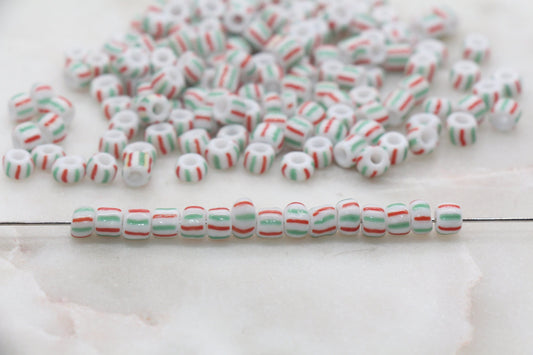 5mm Striped Glass Seed Beads, Size 3/0 Red and Green Striped Glass Seed Beads, Rocailles Beads, Bead Bracelet, Beading Supplies #2747