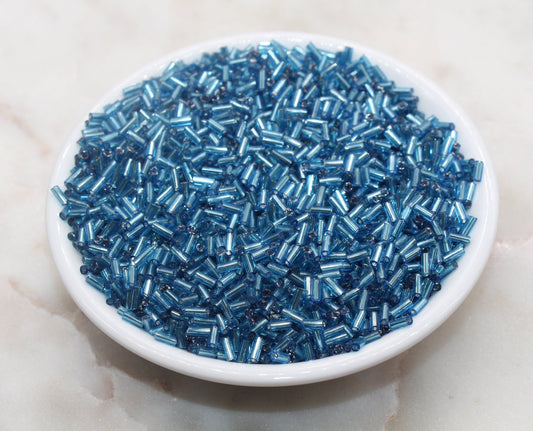 Tube Shape Glass Seed Beads, Blue Tube with Silver Lined Bugle Beads, Size 4mm Beading Supplies #2750