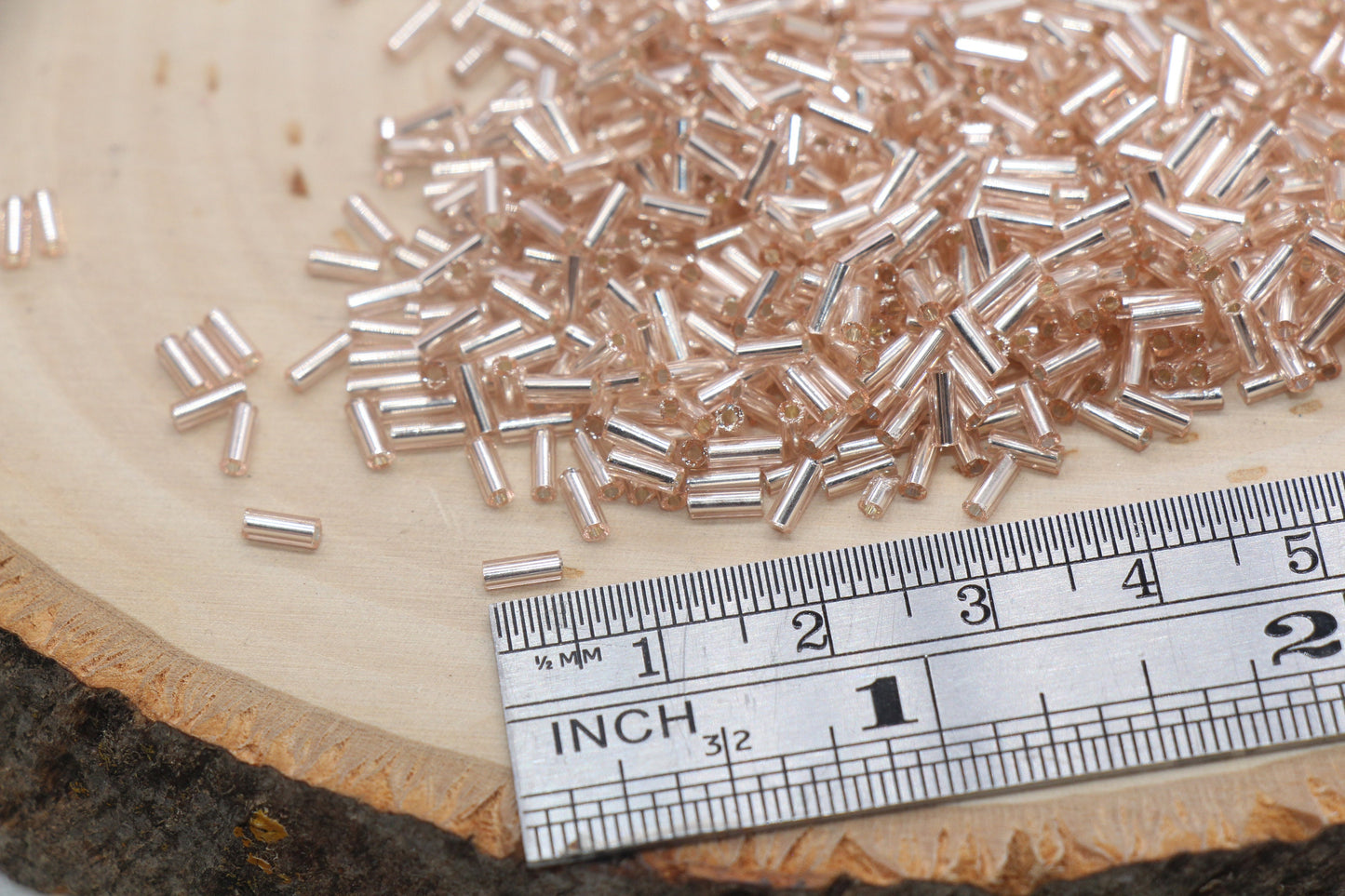 Tube Shape Glass Seed Beads, Rose Gold Tube with Silver Lined Bugle Beads, Size 4mm Beading Supplies #2751