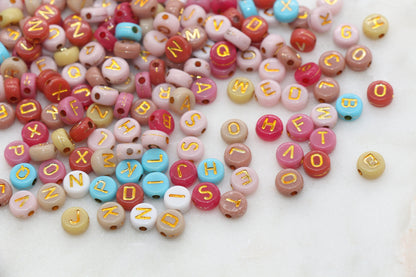 NEW COLOR! Multicolor Round Alphabet Letter Beads, Multicolored Beads with Gold Letters, Acrylic Round Name Beads, Size 7mm