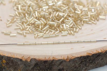 Tube Shape Glass Seed Beads, Gold Tube with Silver Lined Bugle Beads, Size 4mm Beading Supplies #2753