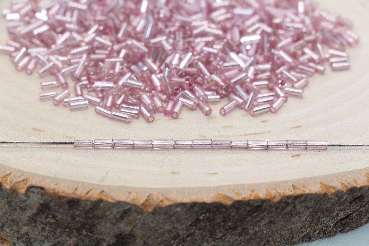 Tube Shape Glass Seed Beads, Pink Tube with Silver Lined Bugle Beads, Size 4mm Beading Supplies #2754