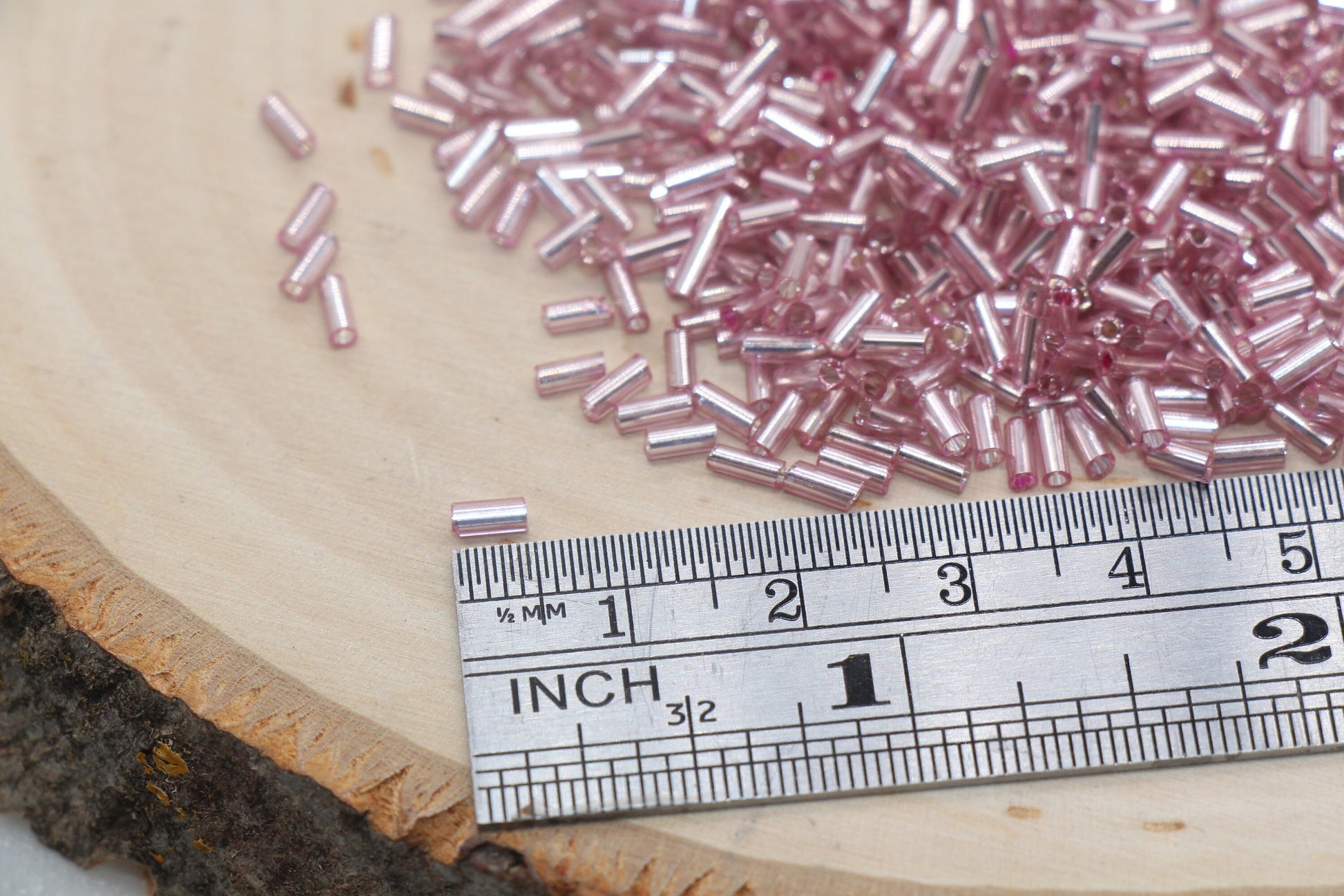 Tube Shape Glass Seed Beads, Pink Tube with Silver Lined Bugle Beads, Size 4mm Beading Supplies #2754