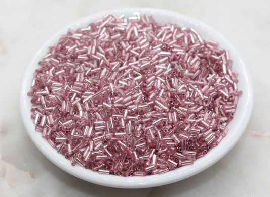 Tube Shape Glass Seed Beads, Pink Tube with Silver Lined Bugle Beads, Size 4mm Beading Supplies #2754