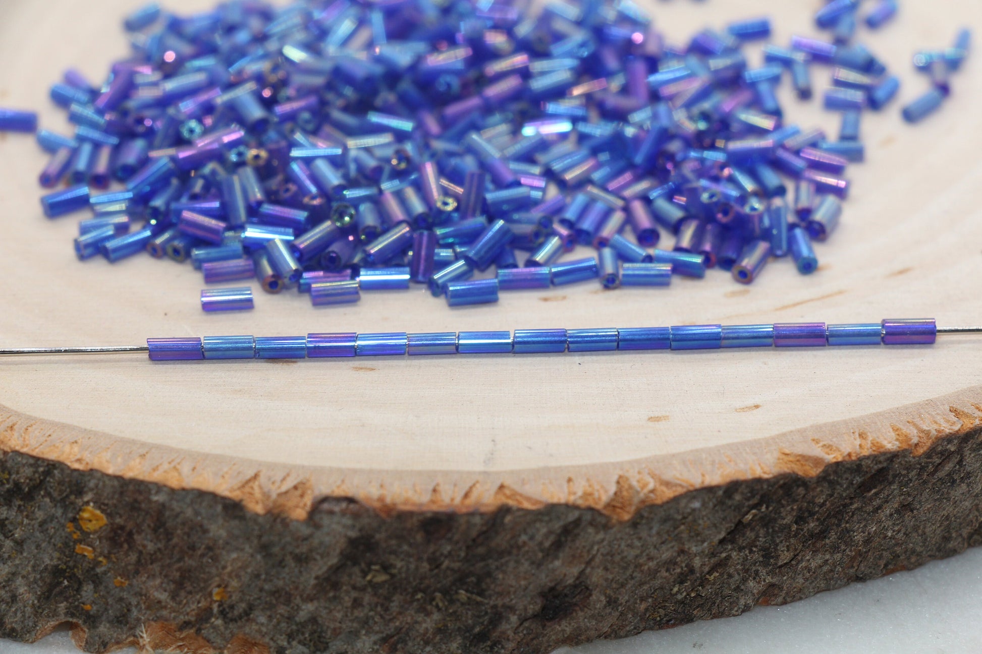 Tube Shape Glass Seed Beads, Blue AB Tube Bugle Beads, Iridescent Tube Glass Beads, Size 4mm Beading Supplies #2764