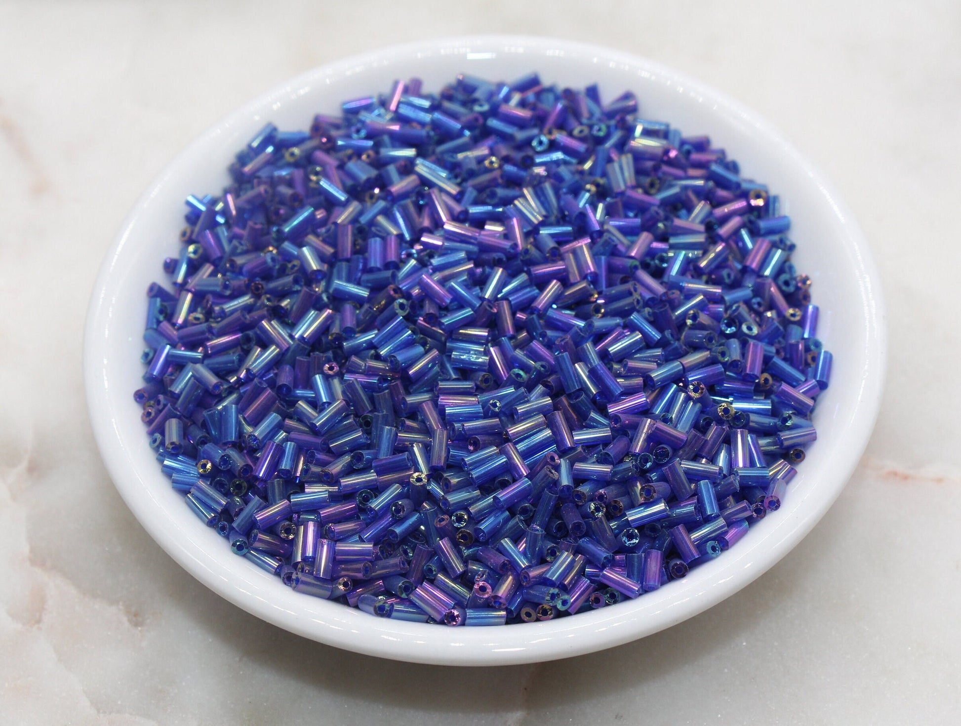 Tube Shape Glass Seed Beads, Blue AB Tube Bugle Beads, Iridescent Tube Glass Beads, Size 4mm Beading Supplies #2764