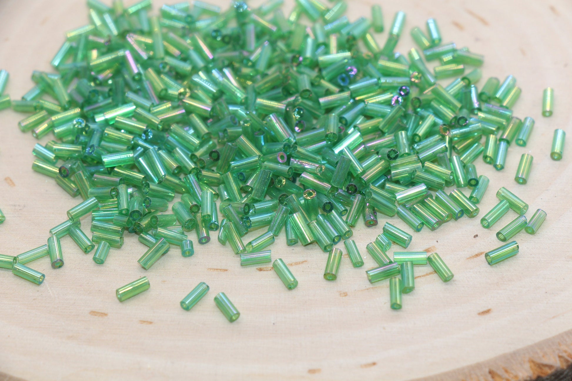 Tube Shape Glass Seed Beads, Green AB Tube Bugle Beads, Iridescent Tube Glass Beads, Size 4mm Beading Supplies #2765