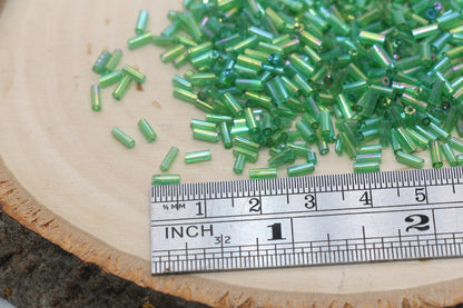 Tube Shape Glass Seed Beads, Green AB Tube Bugle Beads, Iridescent Tube Glass Beads, Size 4mm Beading Supplies #2765