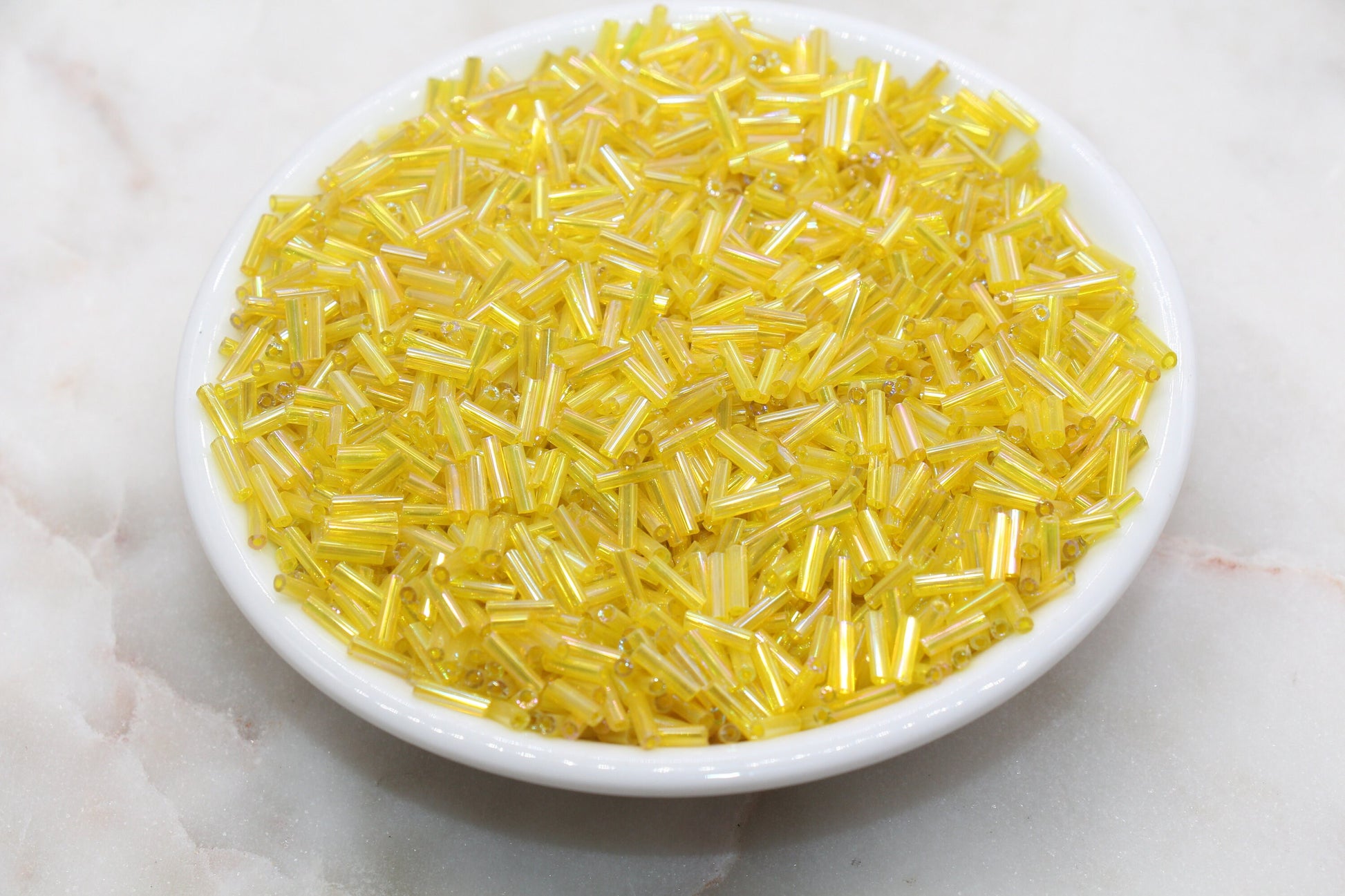 Tube Shape Glass Seed Beads, Yellow AB Tube Bugle Beads, Iridescent Tube Glass Beads, Size 6mm Beading Supplies #2767