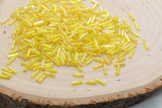 Tube Shape Glass Seed Beads, Yellow AB Tube Bugle Beads, Iridescent Tube Glass Beads, Size 6mm Beading Supplies #2767