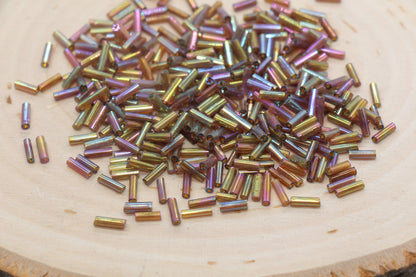 Tube Shape Glass Seed Beads, Brown AB Tube Bugle Beads, Iridescent Tube Glass Beads, Size 6mm Beading Supplies #2768