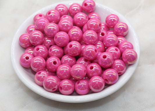 12mm Deep Pink AB Gumball Beads, Iridescent Acrylic Loose Beads, Solid Bubblegum Beads, Chunky Beads, Glossy Smooth Round Beads #2803