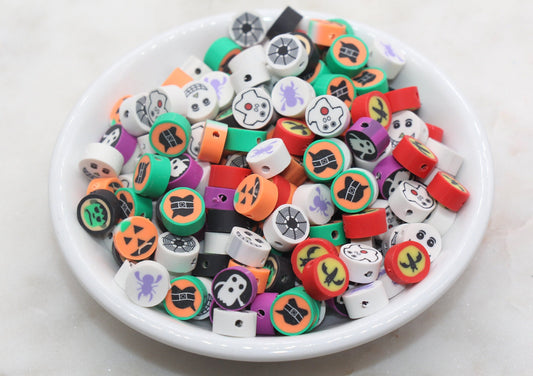 Halloween Theme Beads, Round Halloween Polymer Clay Beads, Assorted Clay Beads, Ghost, Pumpkin, Spider Beads, Bead For Bracelet #4