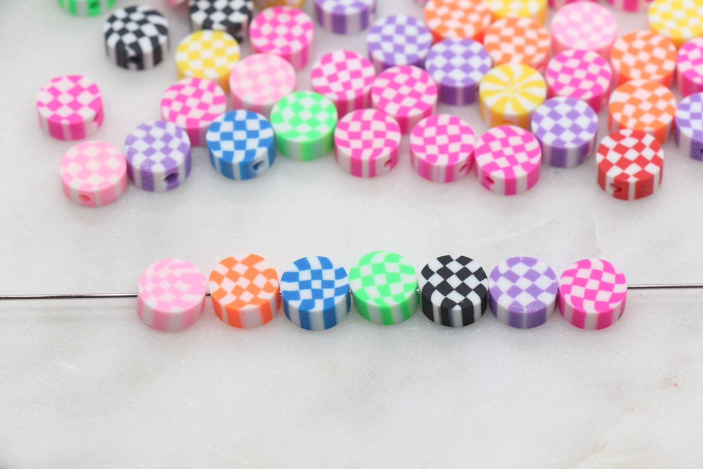 Checkered Polymer Clay Beads, Assorted Color Round Shape Clay Beads, Loose Beads, Jewelry Beads, Beads for Bracelet #346