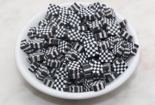 Checkered Polymer Clay Beads, Black Checkered Square Shape Clay Beads, Loose Beads, Jewelry Beads, Beads for Bracelet #349