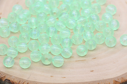 8mm Green Glitter Round Beads, Iridescent Acrylic Gumball Beads, Translucent Round Spacer Beads, Bubblegum Beads, Plastic Round Bead #2854