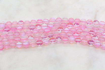 Pink Iridescent Beads, Imitation Moonstone, Pink Moonstone, Iridescent Glass, Size 6mm 8mm 12mm, #117