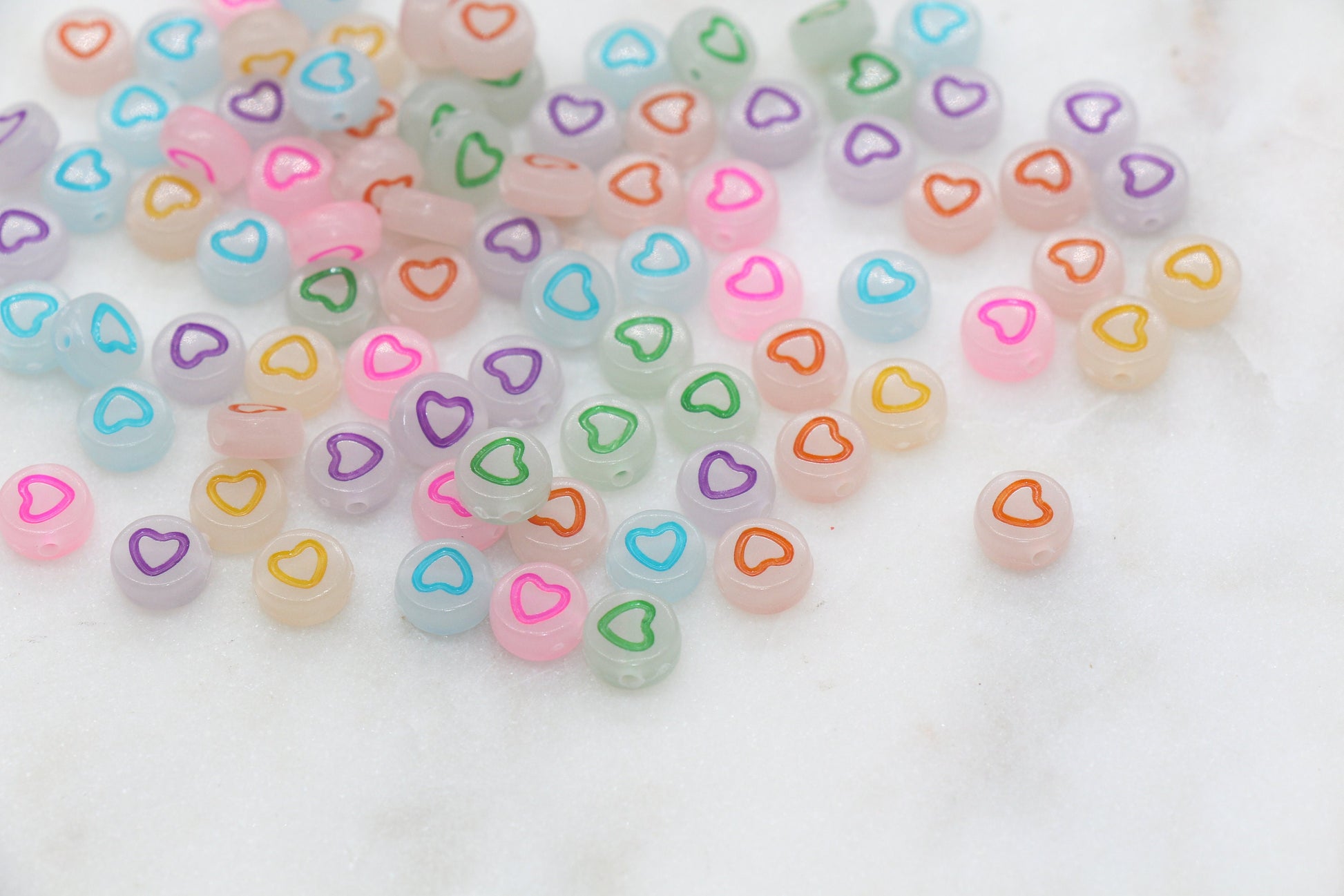 Glow in Dark Heart Beads, Glow Outline Heart Round Beads, Mix Glowing Heart Beads, Bracelet Heart Beads, Acrylic round Beads, Size 7mm #2876