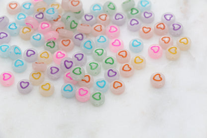 Glow in Dark Heart Beads, Glow Outline Heart Round Beads, Mix Glowing Heart Beads, Bracelet Heart Beads, Acrylic round Beads, Size 7mm #2876