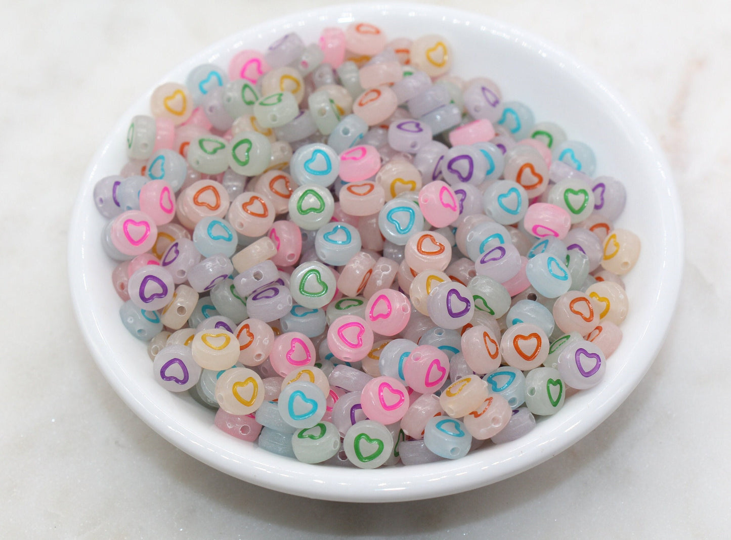 Glow in Dark Heart Beads, Glow Outline Heart Round Beads, Mix Glowing Heart Beads, Bracelet Heart Beads, Acrylic round Beads, Size 7mm #2876