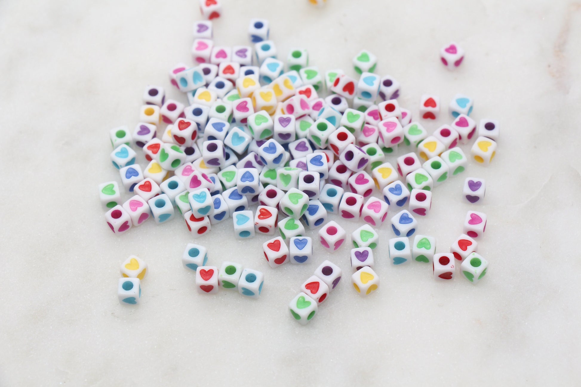 Multicolored Cube Heart Beads, White with Rainbow Heart Beads, Plastic Heart Beads, Acrylic Square Symbol Beads, Size 5mm #1303