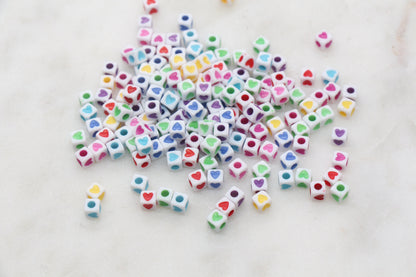 Multicolored Cube Heart Beads, White with Rainbow Heart Beads, Plastic Heart Beads, Acrylic Square Symbol Beads, Size 5mm #1303