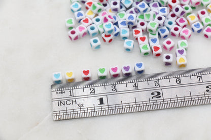 Multicolored Cube Heart Beads, White with Rainbow Heart Beads, Plastic Heart Beads, Acrylic Square Symbol Beads, Size 5mm #1303