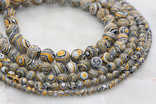 Peacock Stone Beads, Yellow Malachite Synthetic Beads, Smooth Gemstone Round Beads, Yellow White Black Beads, 4mm 6mm 8mm 10mm 12mm #101