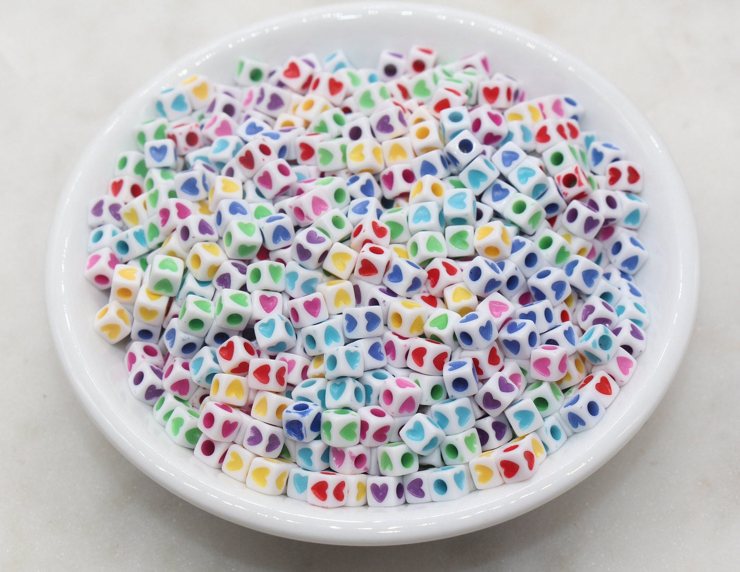 Multicolored Cube Heart Beads, White with Rainbow Heart Beads, Plastic Heart Beads, Acrylic Square Symbol Beads, Size 5mm #1303