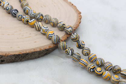 Peacock Stone Beads, Yellow Malachite Synthetic Beads, Smooth Gemstone Round Beads, Yellow White Black Beads, 4mm 6mm 8mm 10mm 12mm #101