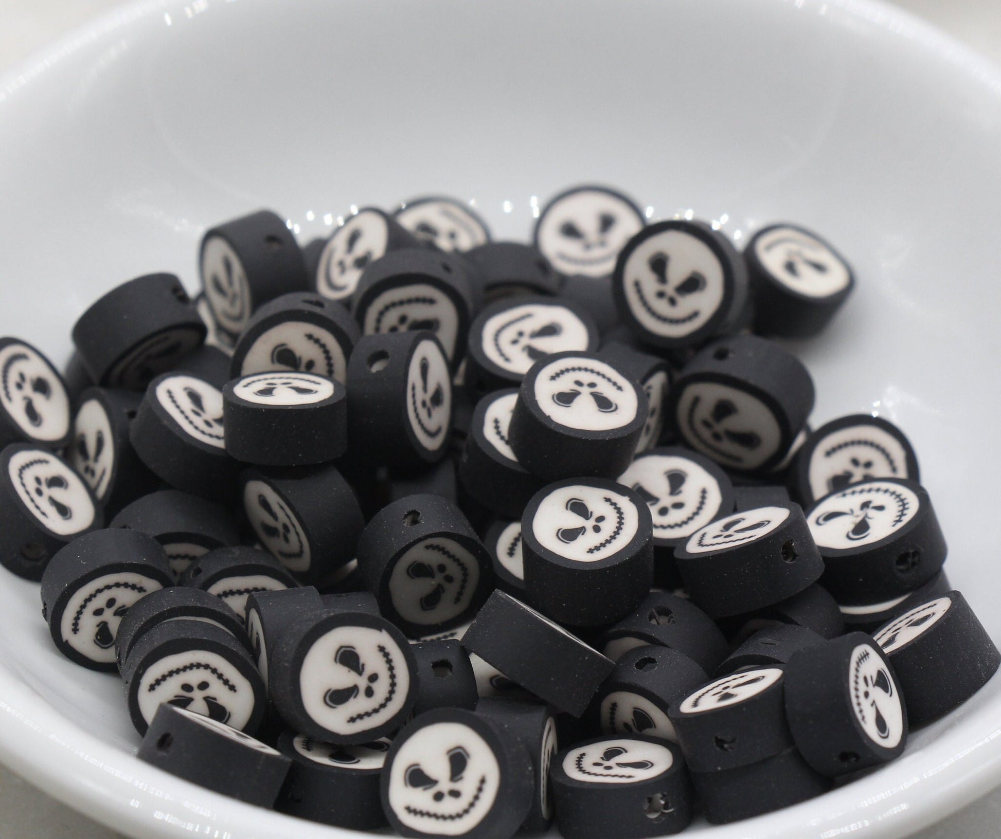 Jack Skellington Bead, Halloween Polymer Clay Beads, Round Jack Skellington Fimo Cane Beads, Bead For Bracelet #62