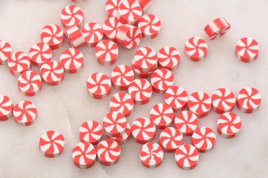 Swirl Peppermint Clay Beads, Red Candy Clay Beads, Round Candy Polymer Clay Beads, Clay Jewelry Beads #289