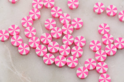 Swirl Peppermint Clay Beads, Pink Candy Clay Beads, Round Candy Polymer Clay Beads, Clay Jewelry Beads #290