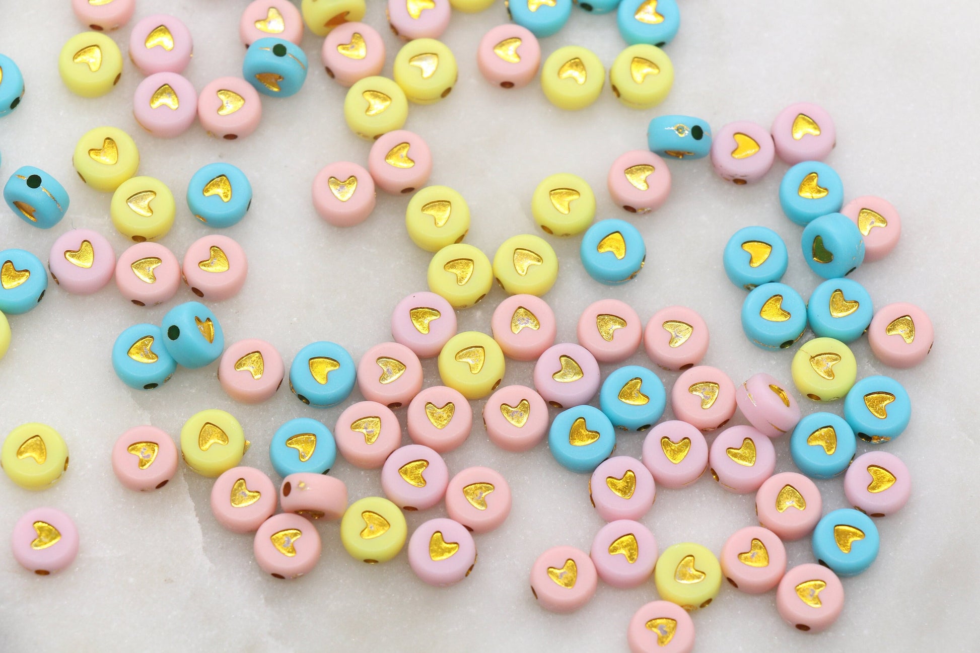 Gold Heart Beads, Acrylic Multicolor Beads with Gold Hearts, Mix Plastic Heart Beads, Acrylic Symbol Beads, Heart Beads, Size 7mm #2885