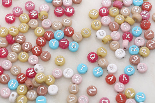 Multicolor Round Silver Alphabet Letter Beads, Mix Beads with Silver Lettering, Round Name Beads, Size 7mm #2887