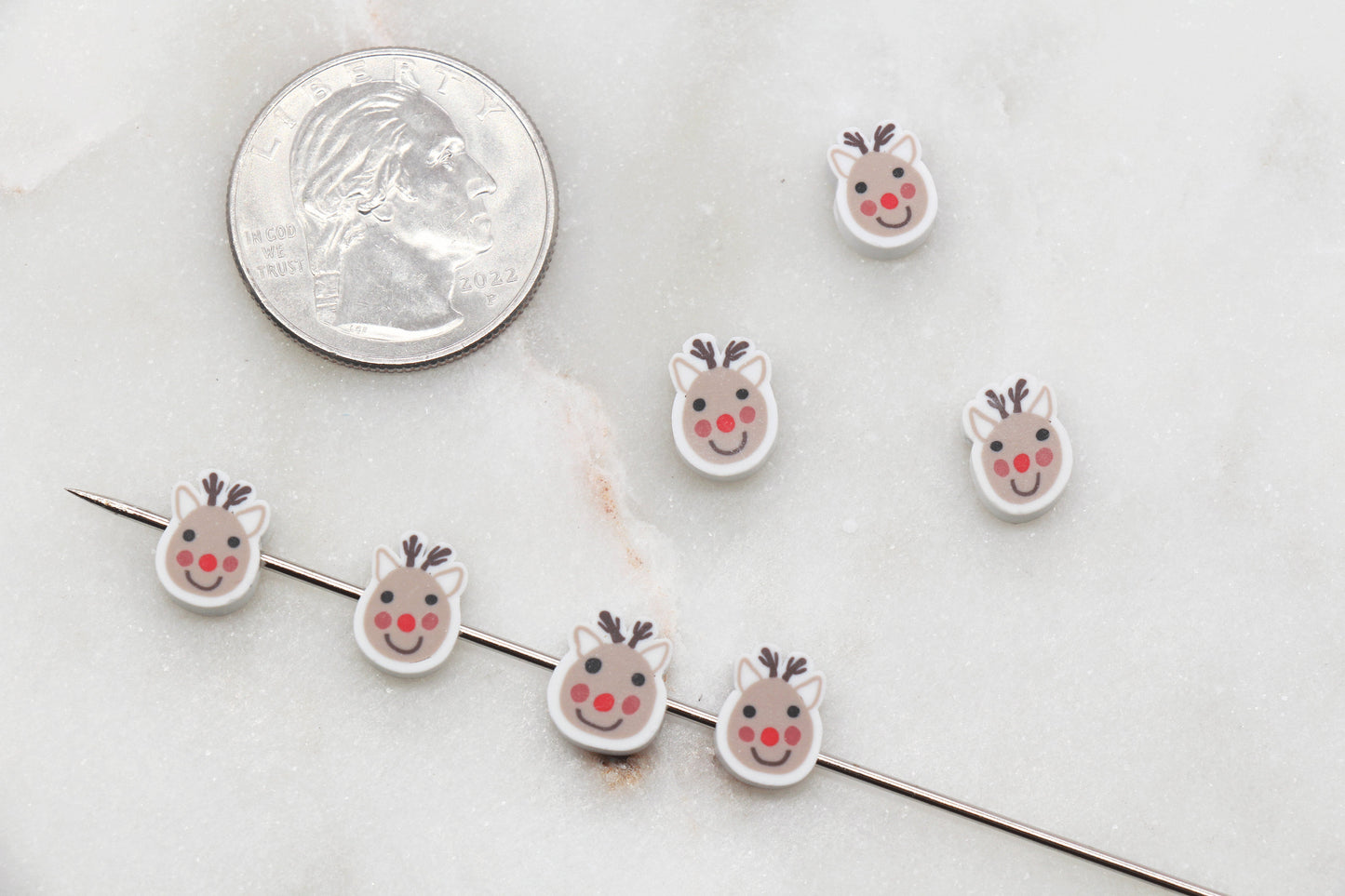 Reindeer Clay Beads, Christmas Themed Clay Beads, Holiday Round Polymer Clay Beads, Clay Jewelry Beads #368