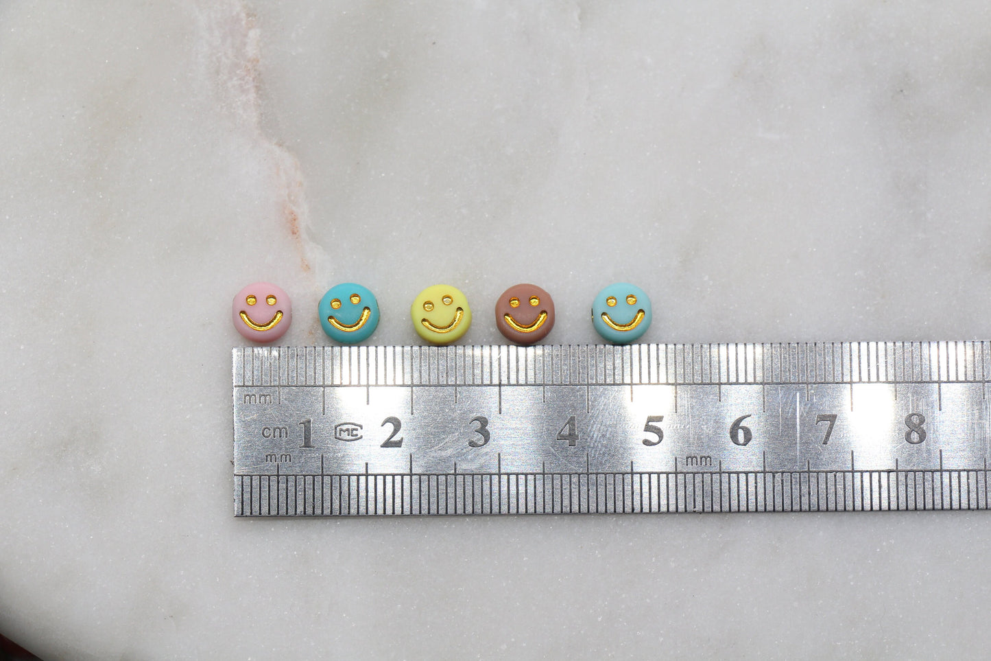 Assort Gold Smiley Face Round Beads, Multicolor Beads with Gold Emoji Beads, Happy Face Beads, Plastic Round Beads Size 7mm #2888