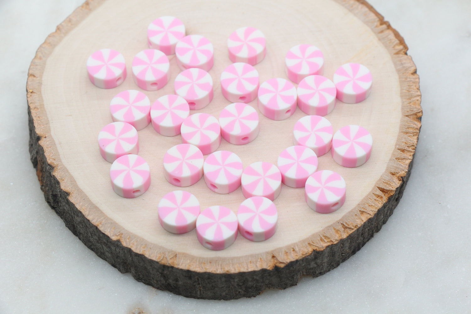Swirl Peppermint Clay Beads, Pink Candy Clay Beads, Round Candy Polymer Clay Beads, Clay Jewelry Beads #385