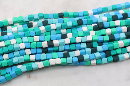 6mm Cube Polymer Clay Beads, Mix Color Heishi Beads, Green, Blue and White Mix Square Clay Beads, Jewelry Beads, Bead for Bracelet #451