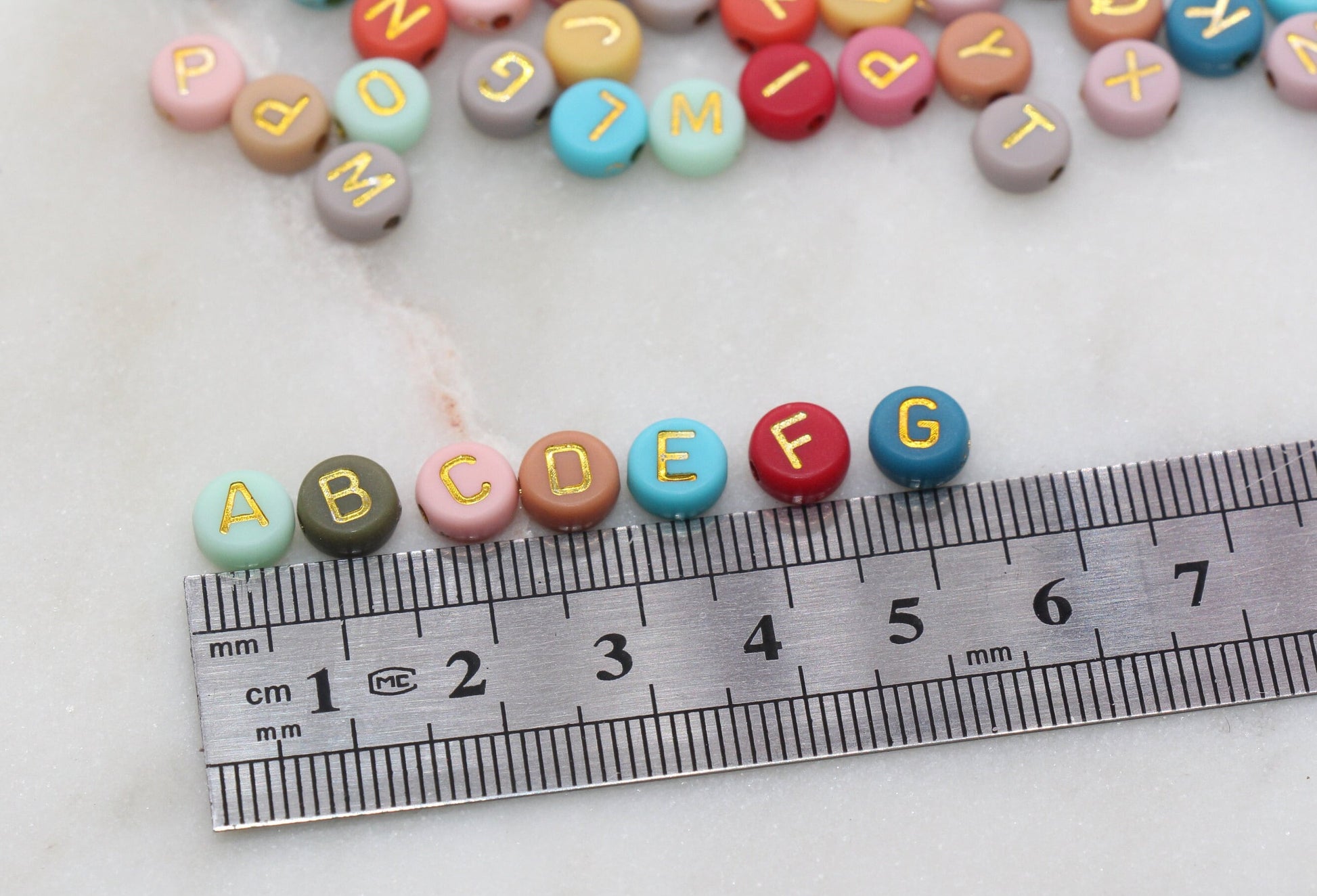 NEW COLOR! Multicolor Round Alphabet Letter Beads, Multicolored Beads with Gold Letters, Acrylic Round Name Beads, Size 7mm #203