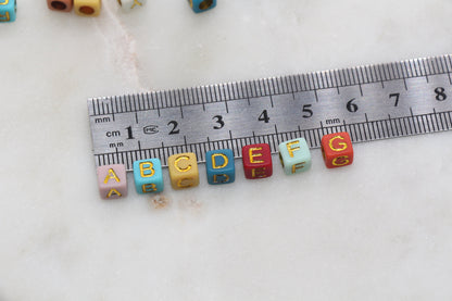 Multicolor Cube Alphabet Letter Beads, Multicolored Beads with Gold Letters, Plastic Letter Beads, Acrylic Square Name Beads, Size 6mm #187