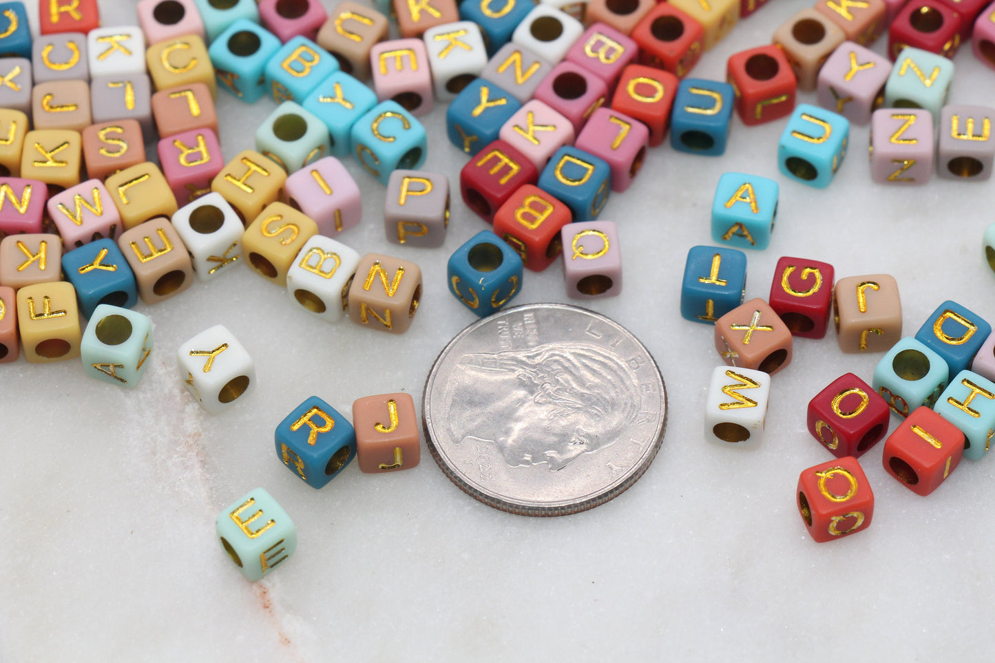 Multicolor Cube Alphabet Letter Beads, Multicolored Beads with Gold Letters, Plastic Letter Beads, Acrylic Square Name Beads, Size 6mm #187