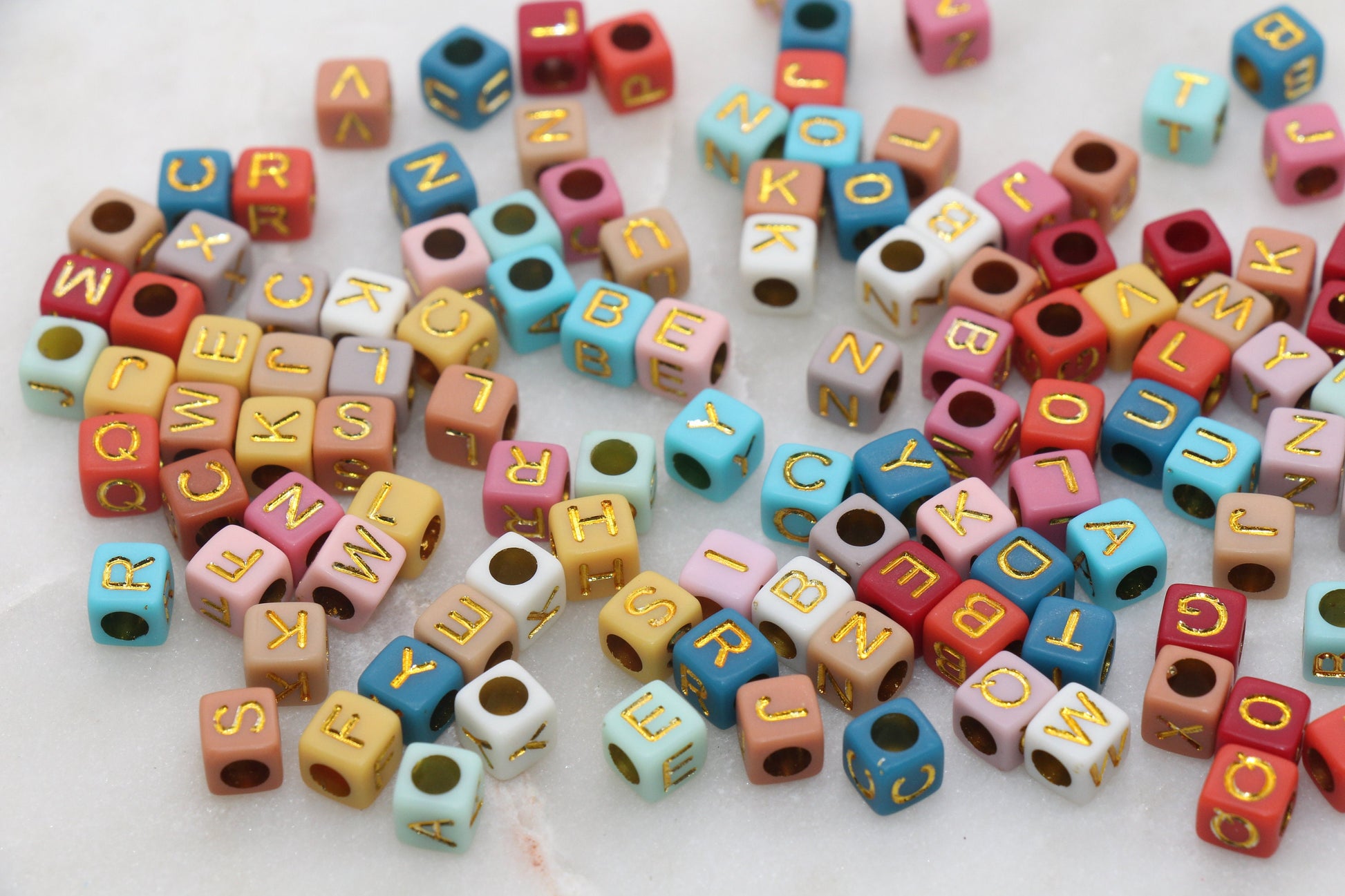 Multicolor Cube Alphabet Letter Beads, Multicolored Beads with Gold Letters, Plastic Letter Beads, Acrylic Square Name Beads, Size 6mm #187