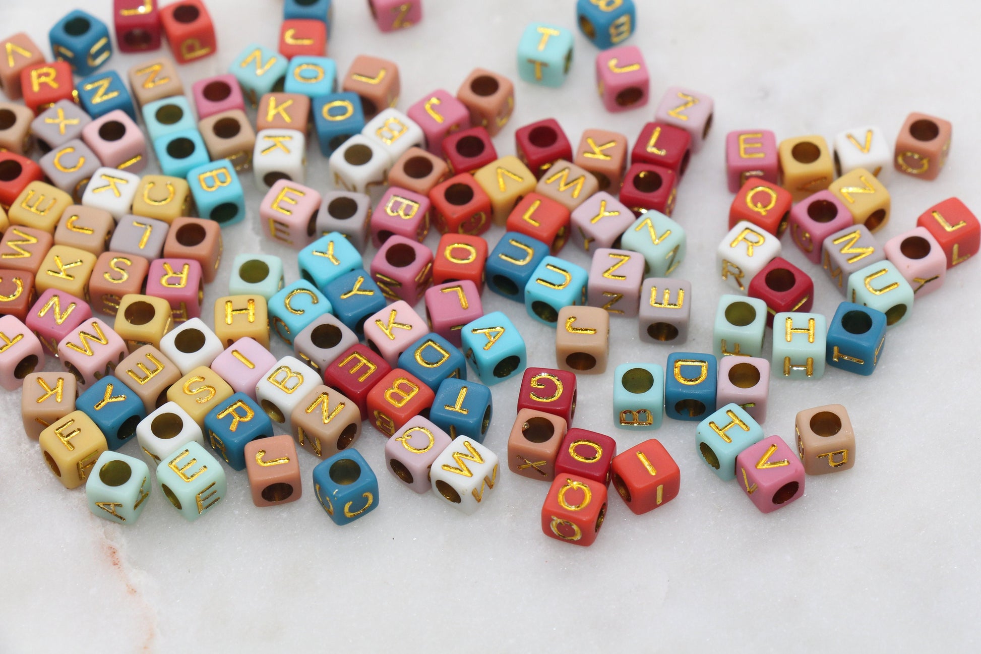 Multicolor Cube Alphabet Letter Beads, Multicolored Beads with Gold Letters, Plastic Letter Beads, Acrylic Square Name Beads, Size 6mm #187