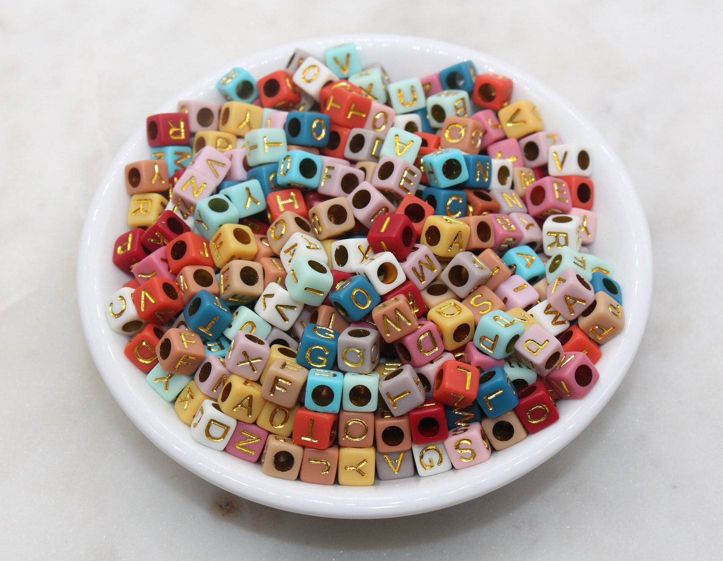 Multicolor Cube Alphabet Letter Beads, Multicolored Beads with Gold Letters, Plastic Letter Beads, Acrylic Square Name Beads, Size 6mm #187