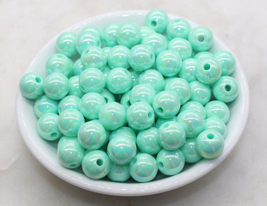 12mm Mint Green AB Gumball Beads, Iridescent Acrylic Loose Beads, Solid Bubblegum Beads, Chunky Beads, Smooth Round Plastic Beads #1308